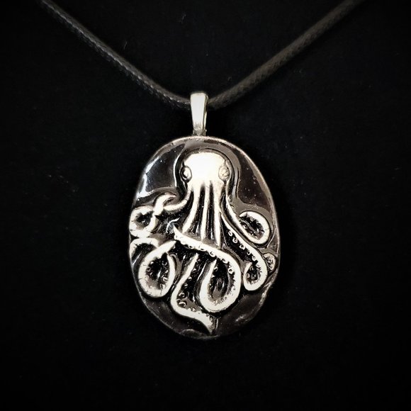 Handmade Ceramic Black Octopus Kraken Pendant Necklace - Picture 4 of 14